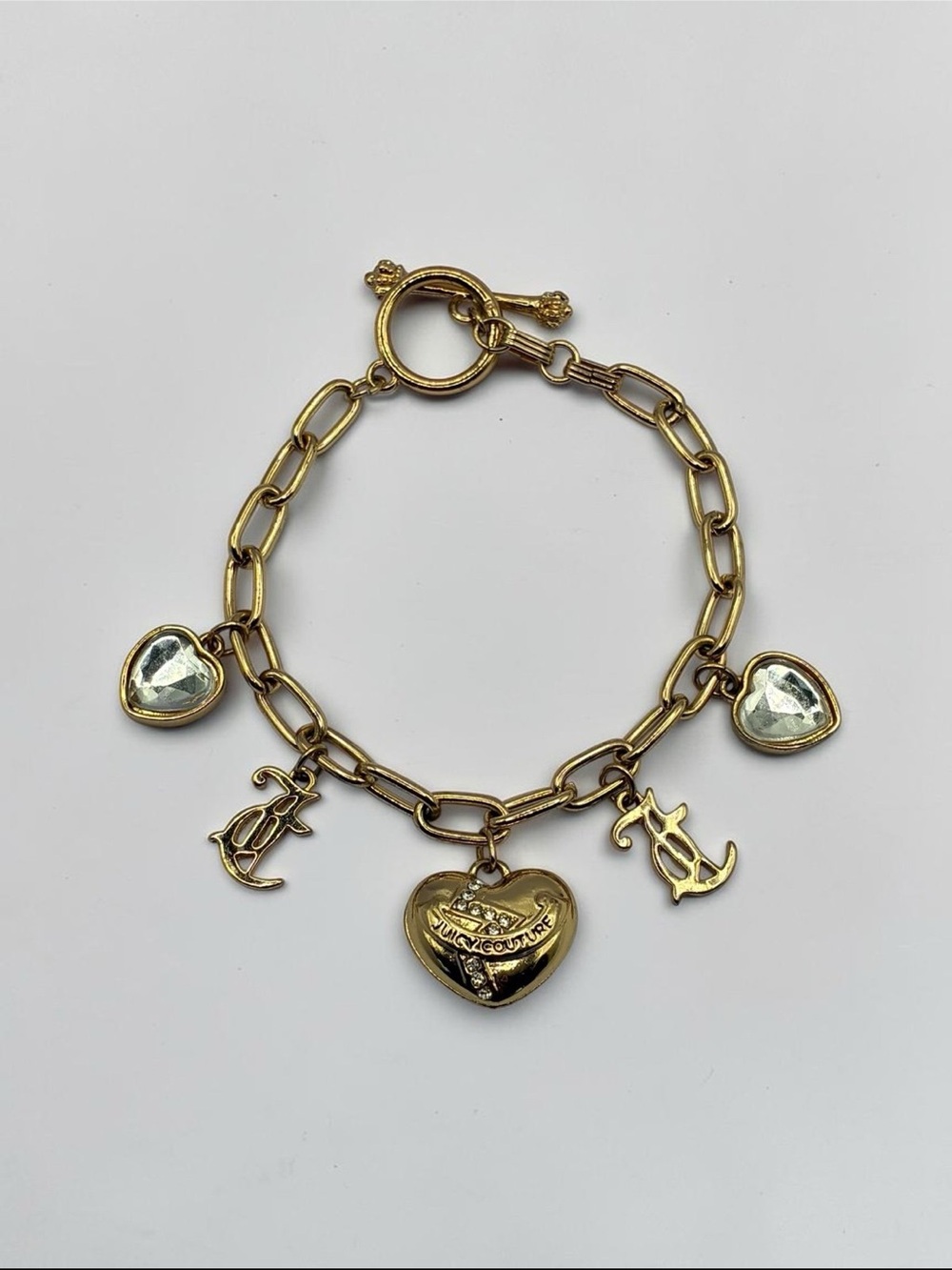 Juicy Couture Gold-Tone Heart & Rhinestone Charm Toggle Bracelet
